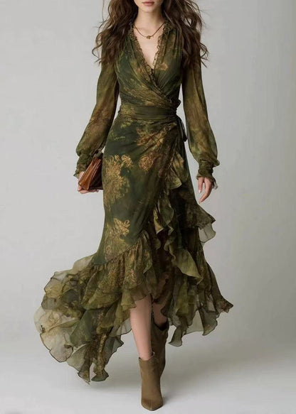 Women Green Ruffled Print Chiffon Maxi Dress Summer