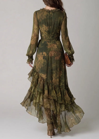 Women Green Ruffled Print Chiffon Maxi Dress Summer