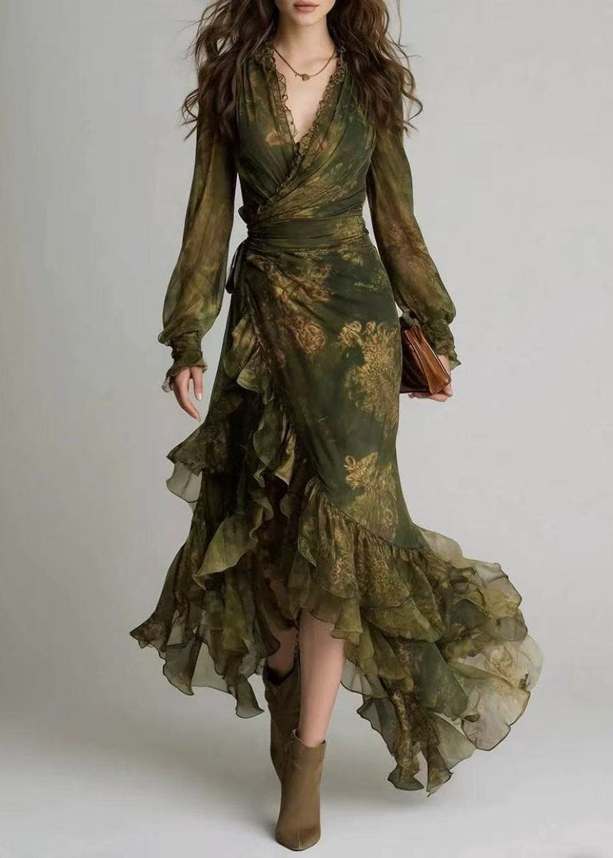 Women Green Ruffled Print Chiffon Maxi Dress Summer