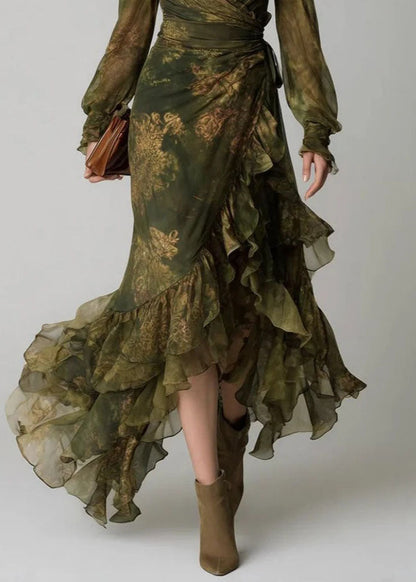 Women Green Ruffled Print Chiffon Maxi Dress Summer