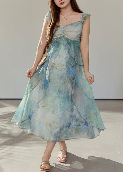 Women Green Ruffled Print Chiffon Vacation Dresses Summer