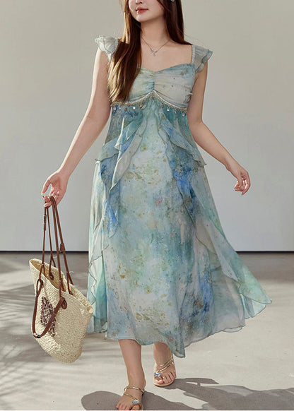 Women Green Ruffled Print Chiffon Vacation Dresses Summer
