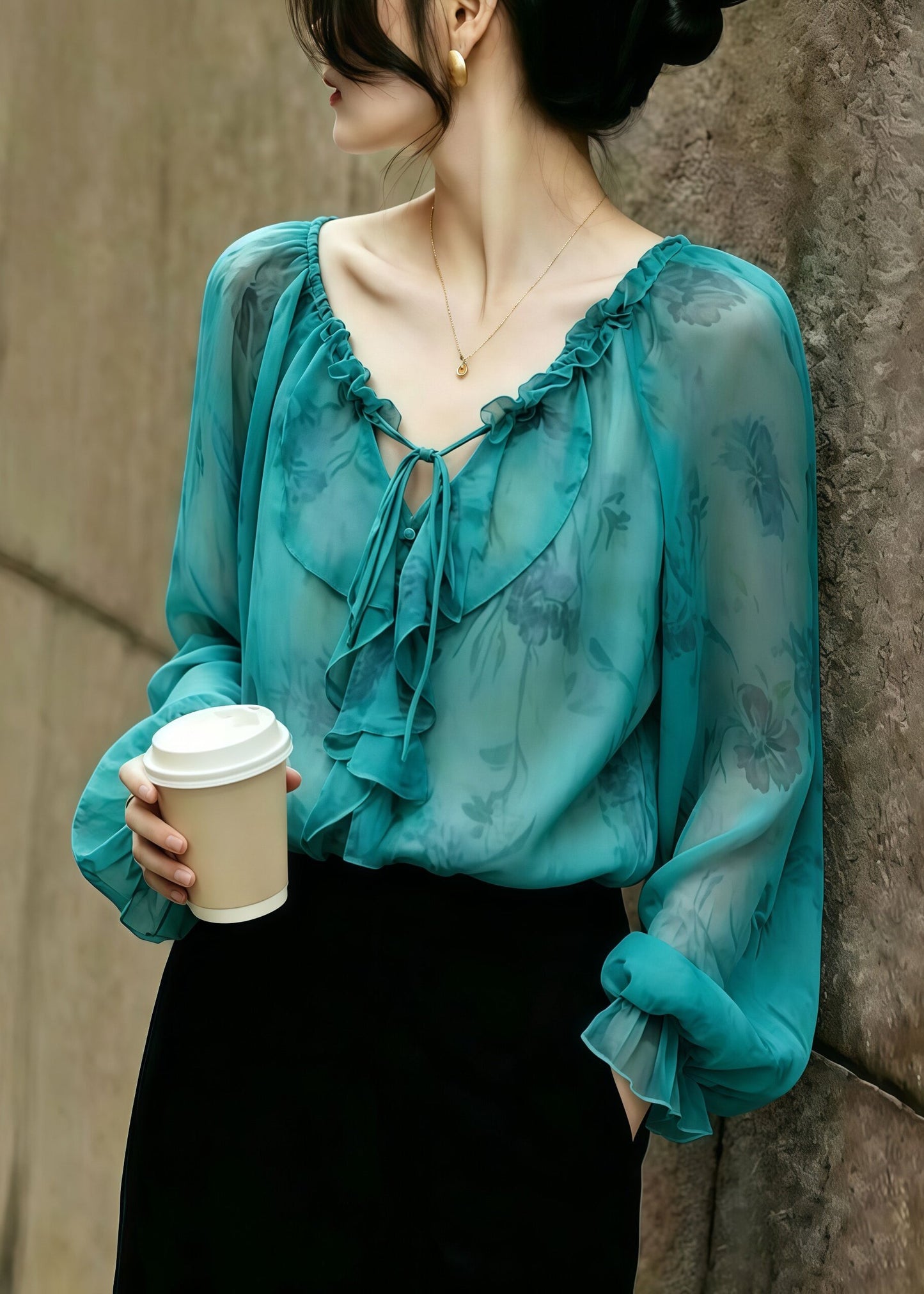 Women Green Ruffled Print Drawstring Chiffon Blouses Summer