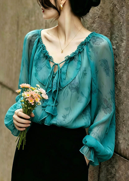 Women Green Ruffled Print Drawstring Chiffon Blouses Summer