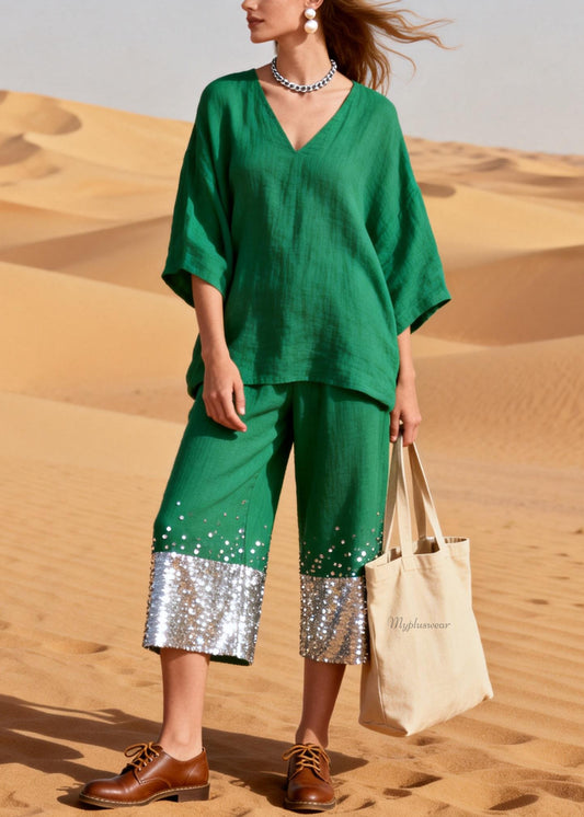 Women Green Sequins Patchwork Tops And Crop Pants Linen Two Pieces Set Half Sleeve