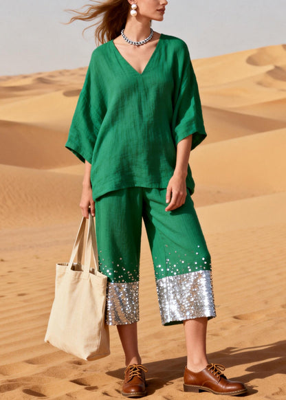 Women Green Sequins Patchwork Tops And Crop Pants Linen Two Pieces Set Half Sleeve