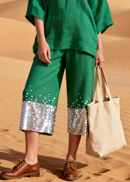 Women Green Sequins Patchwork Tops And Crop Pants Linen Two Pieces Set Half Sleeve