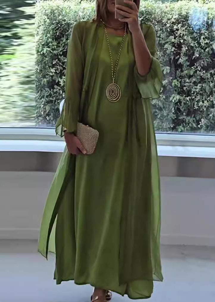 Women Green Solid Cardigans And Maxi Dresses Two Pieces Set Fall