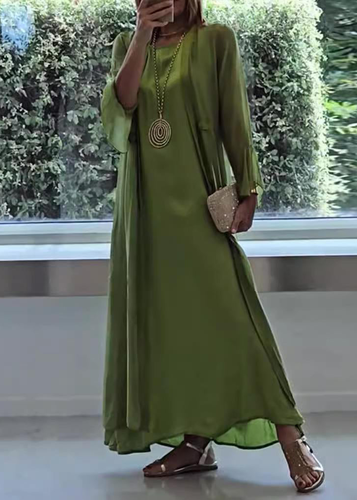 Women Green Solid Cardigans And Maxi Dresses Two Pieces Set Fall