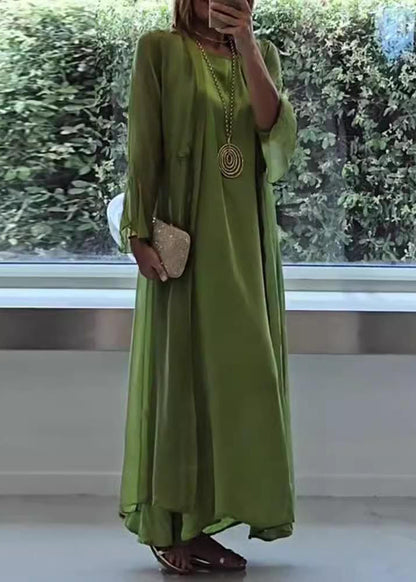 Women Green Solid Cardigans And Maxi Dresses Two Pieces Set Fall