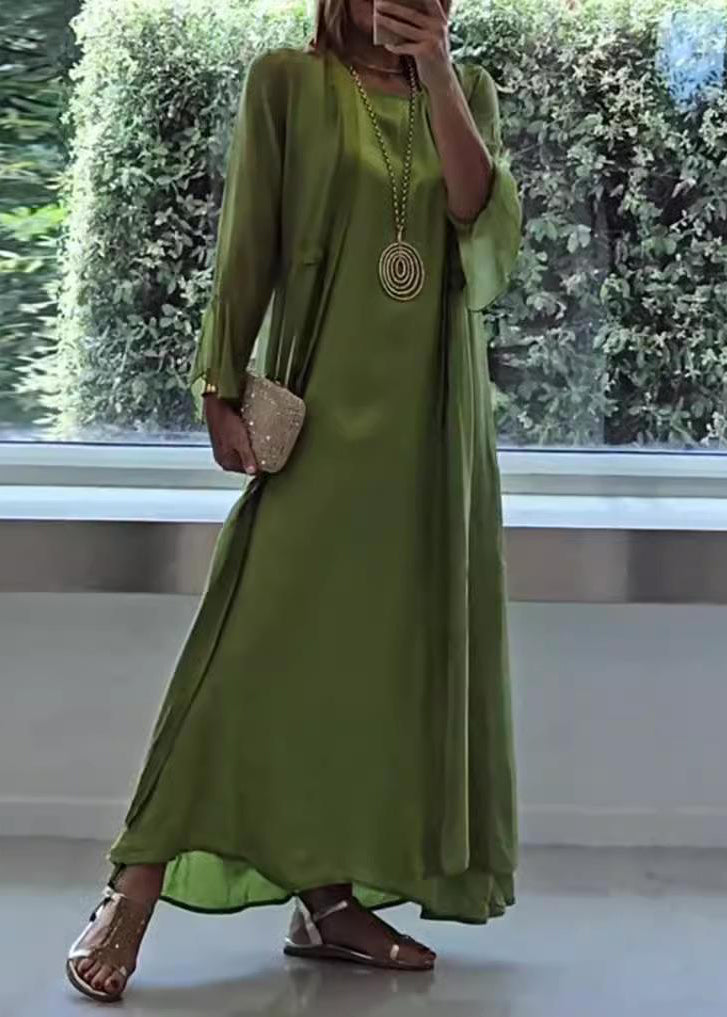 Women Green Solid Cardigans And Maxi Dresses Two Pieces Set Fall