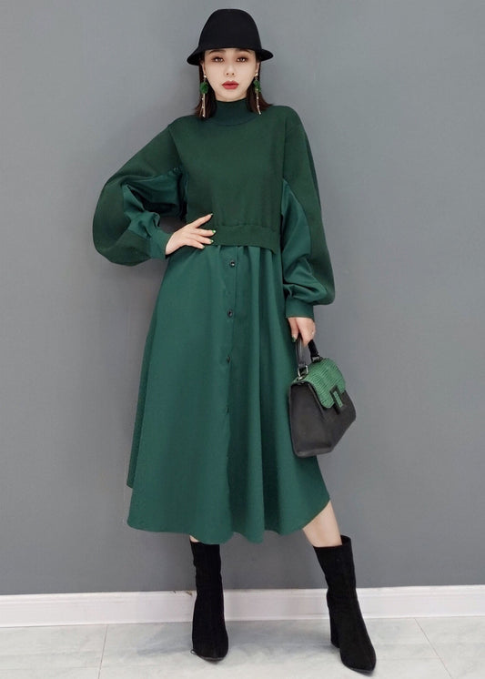 Women Green Stand Collar Patchwork Knit Cotton Shirt Dress Long Sleeve