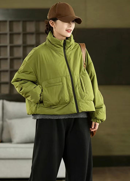 Women Green Stand Collar Pockets Cotton Filled Short Puffer Jacket Winter