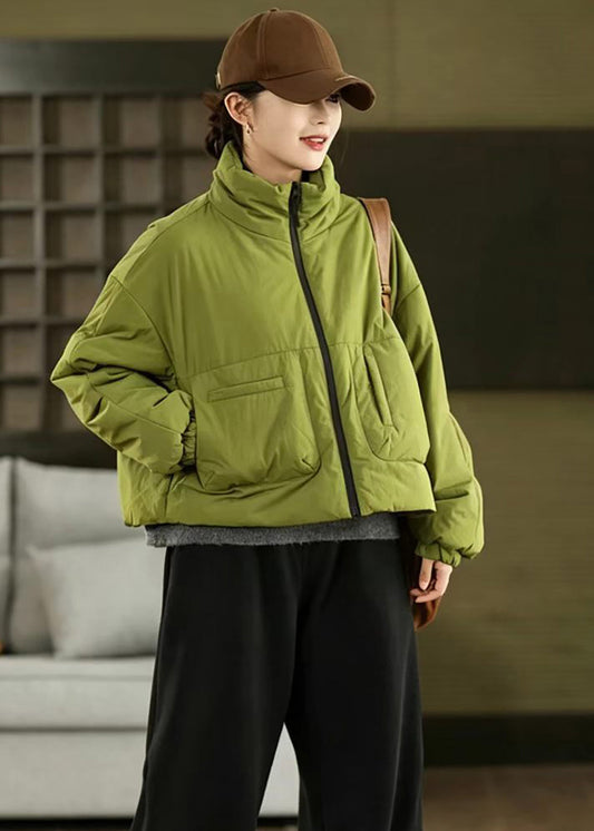 Women Green Stand Collar Pockets Cotton Filled Short Puffer Jacket Winter