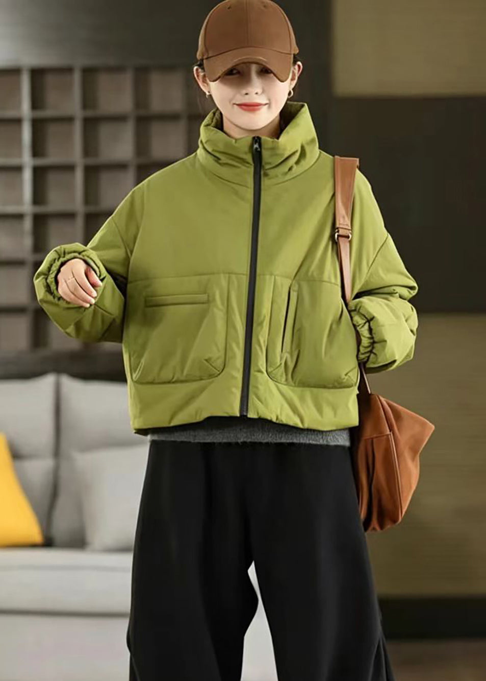 Women Green Stand Collar Pockets Cotton Filled Short Puffer Jacket Winter