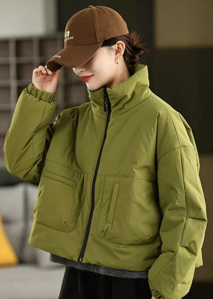 Women Green Stand Collar Pockets Cotton Filled Short Puffer Jacket Winter