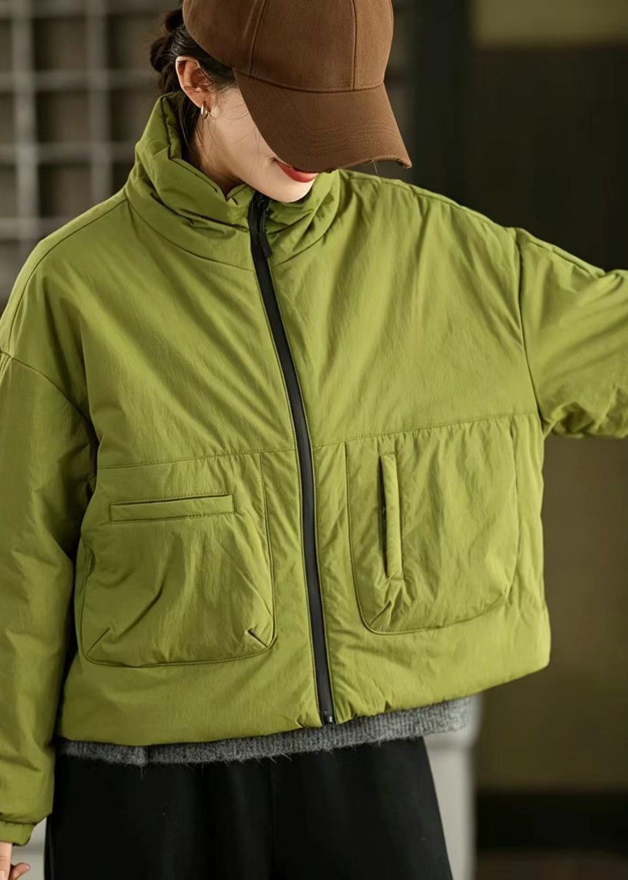 Women Green Stand Collar Pockets Cotton Filled Short Puffer Jacket Winter
