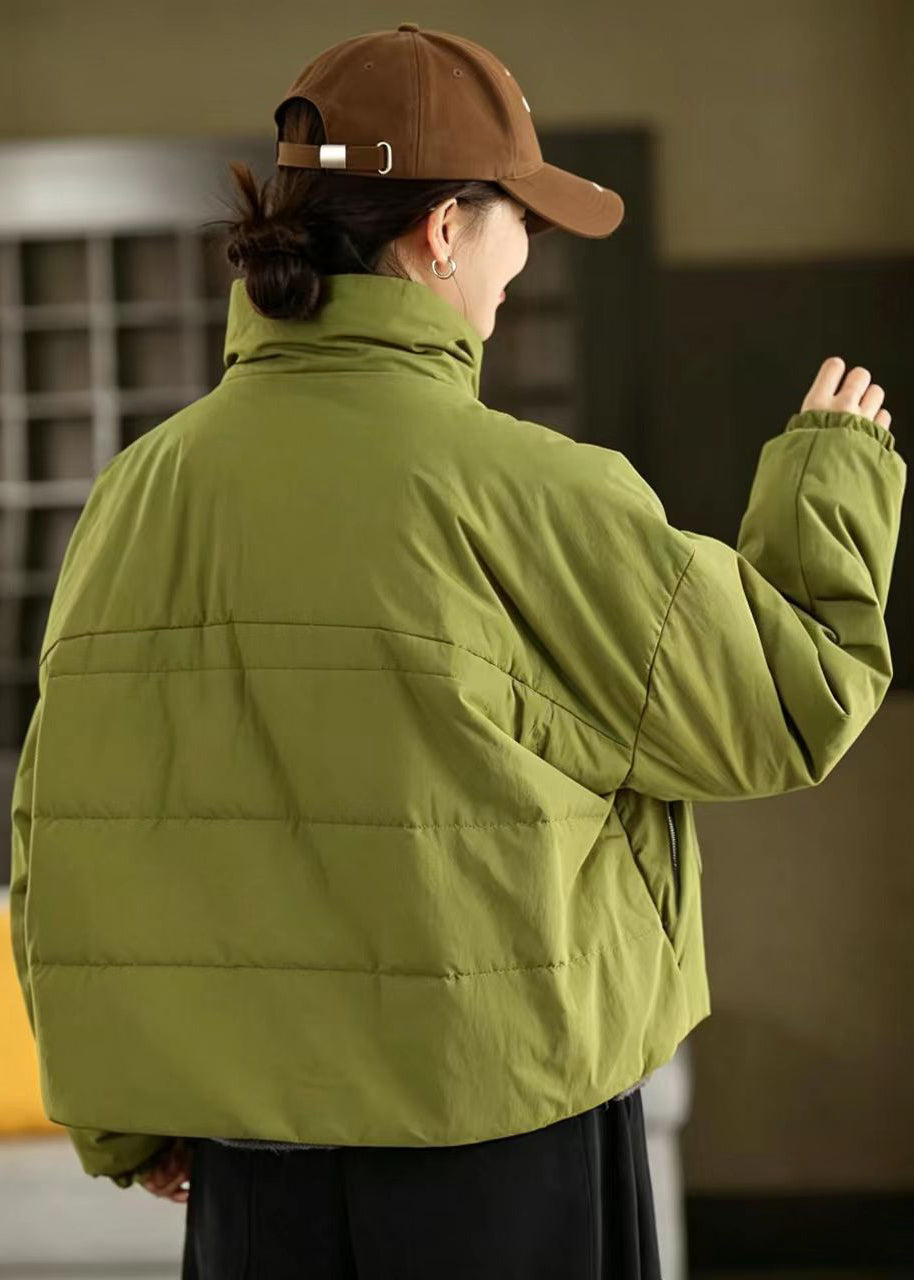 Women Green Stand Collar Pockets Cotton Filled Short Puffer Jacket Winter