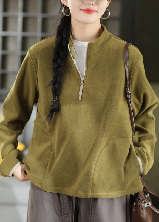 Women Green Stand Collar Zip Up Patchwork Cotton Top Fall