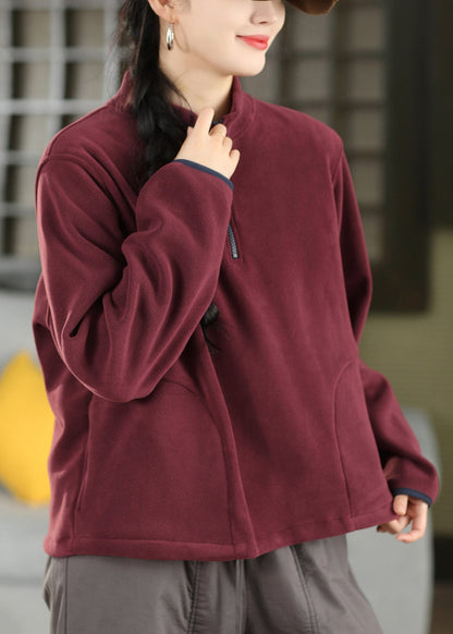 Women Green Stand Collar Zip Up Patchwork Cotton Top Fall