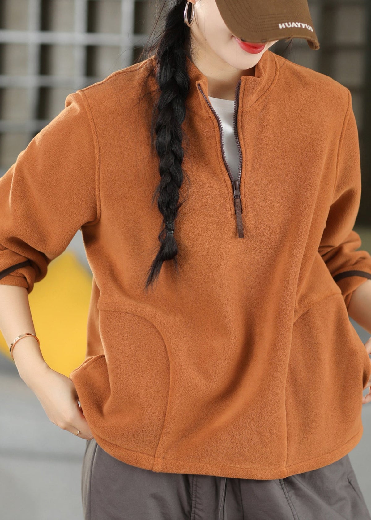 Women Green Stand Collar Zip Up Patchwork Cotton Top Fall