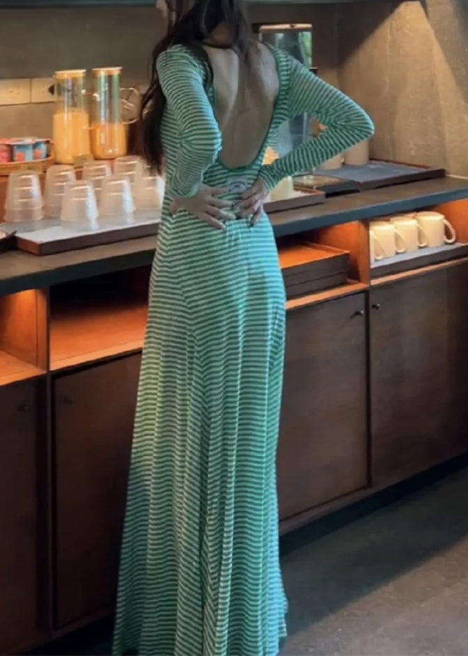 Women Green Striped Backless Cotton T Shirt Dress Long Sleeve