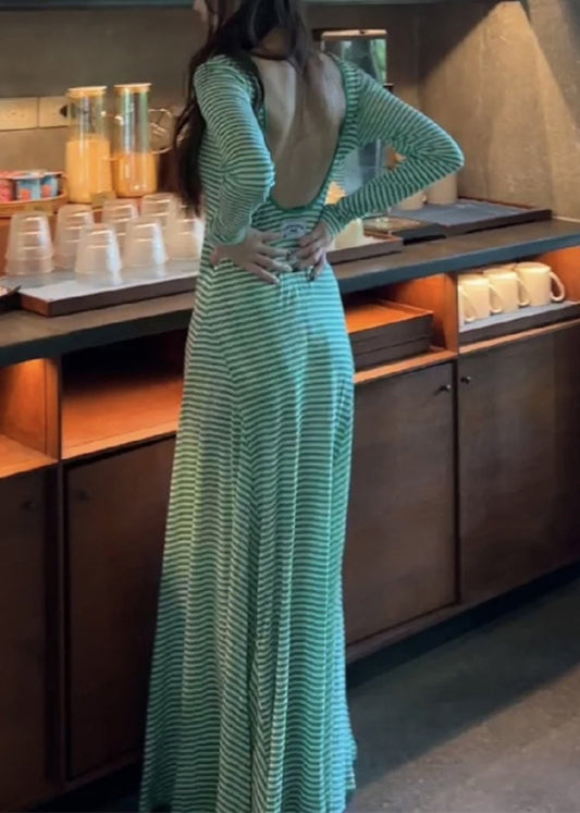 Women Green Striped Backless Cotton T Shirt Dress Long Sleeve