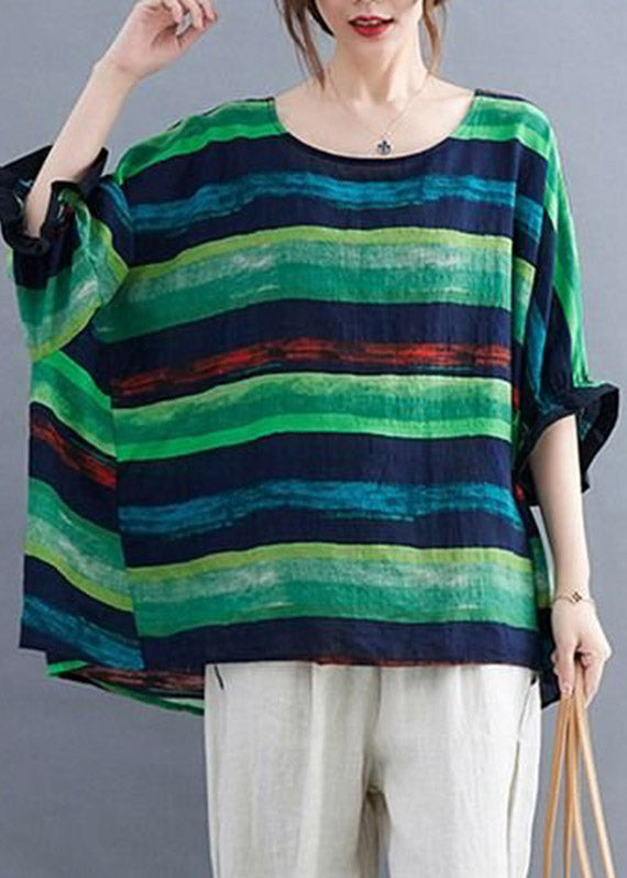 Women Green Striped Low High Design Top Summer