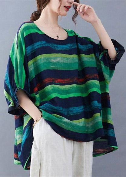 Women Green Striped Low High Design Top Summer