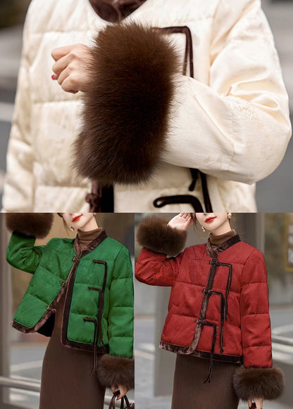 Women Green Tasseled Patchwork Duck Down Oriental Coats Winter