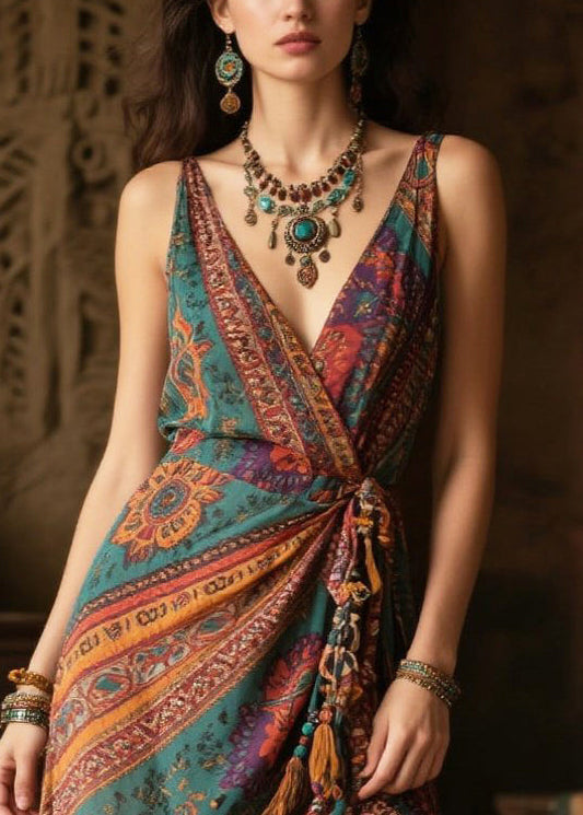 Women Green Tasseled Side Open Chiffon Vacation Dress Summer