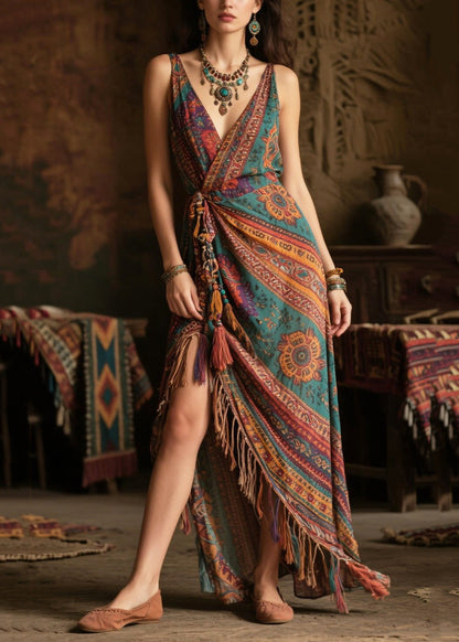 Women Green Tasseled Side Open Chiffon Vacation Dress Summer