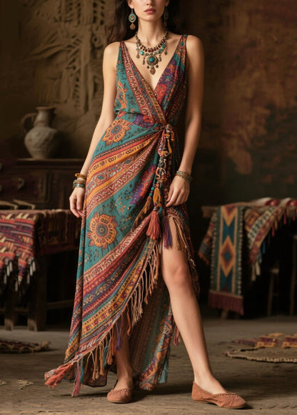 Women Green Tasseled Side Open Chiffon Vacation Dress Summer