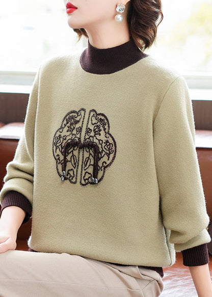 Women Green Turtleneck Zircon Patchwork Warm Fleece Sweater Winter