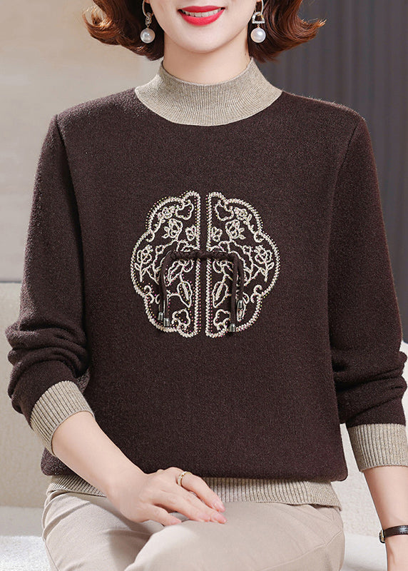 Women Green Turtleneck Zircon Patchwork Warm Fleece Sweater Winter