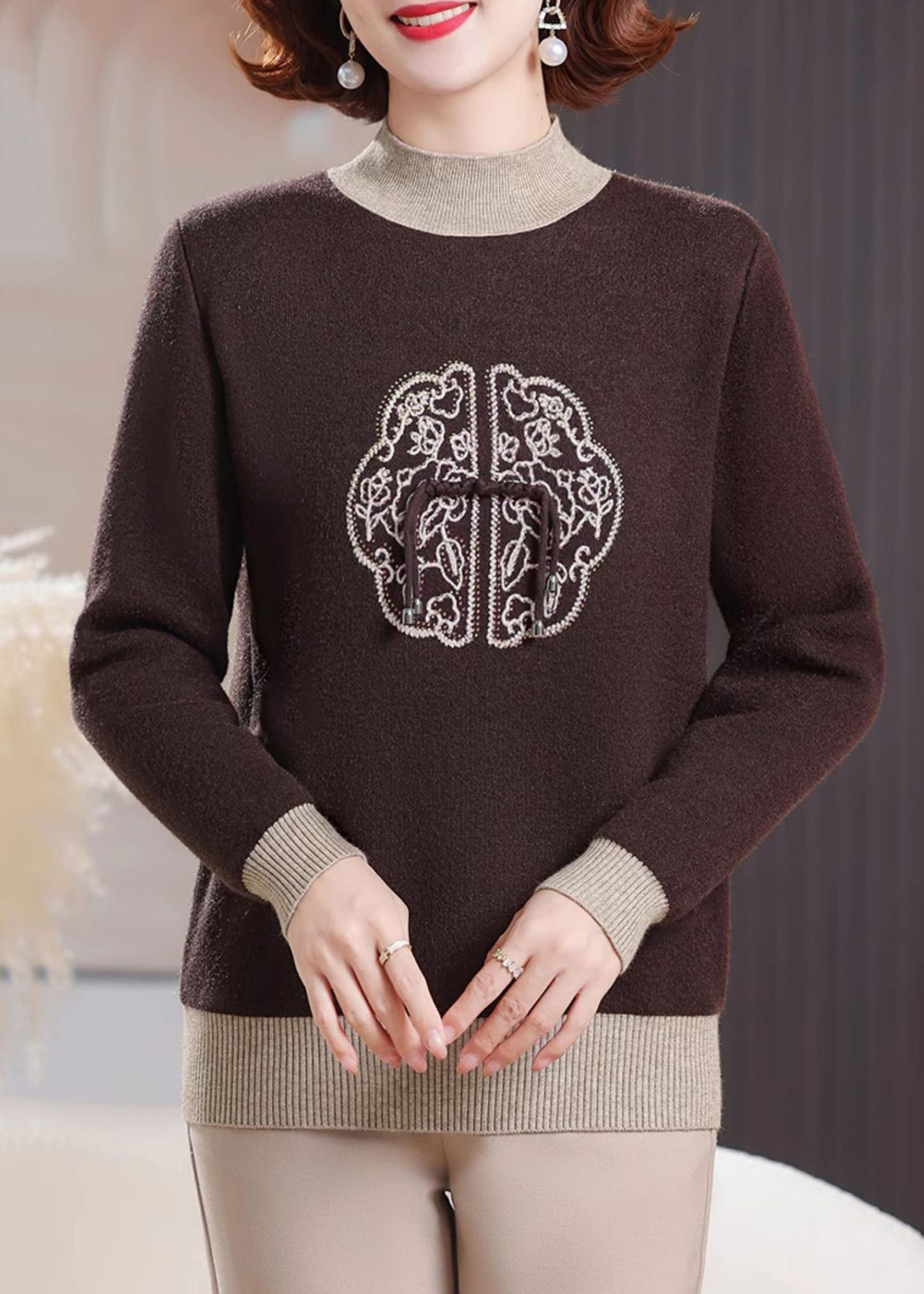 Women Green Turtleneck Zircon Patchwork Warm Fleece Sweater Winter