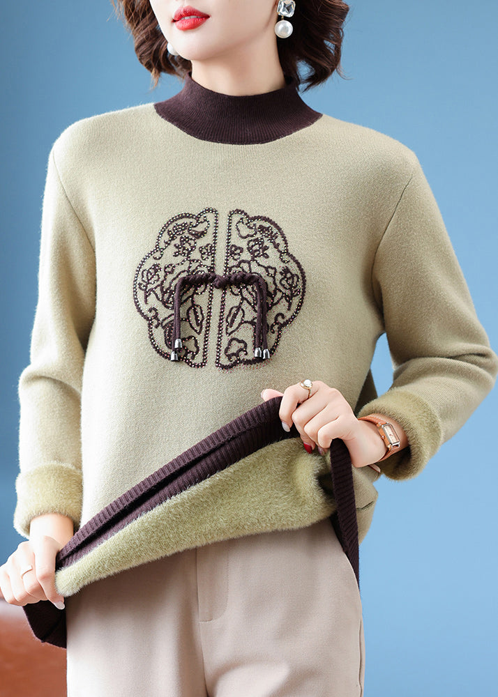 Women Green Turtleneck Zircon Patchwork Warm Fleece Sweater Winter