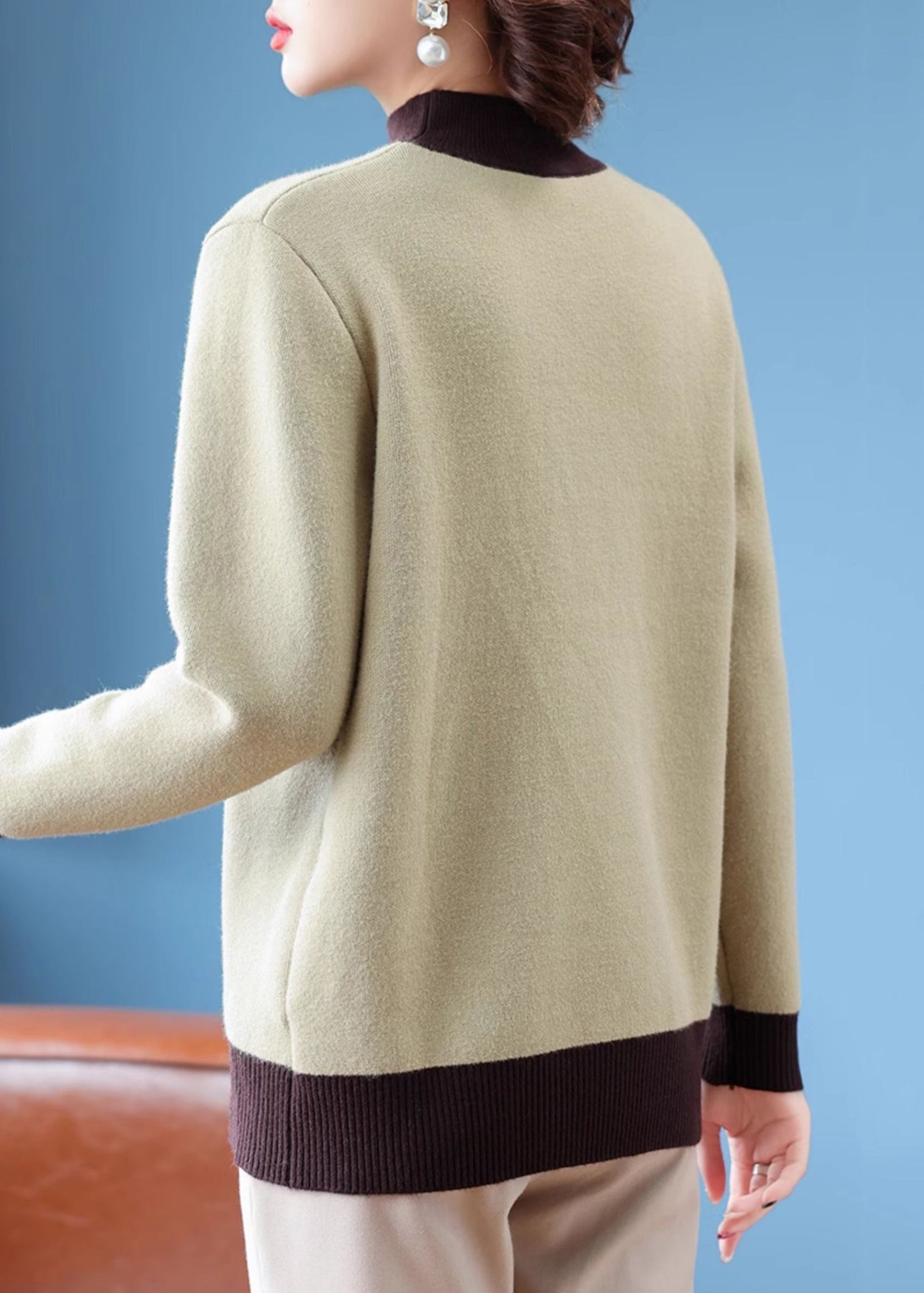 Women Green Turtleneck Zircon Patchwork Warm Fleece Sweater Winter