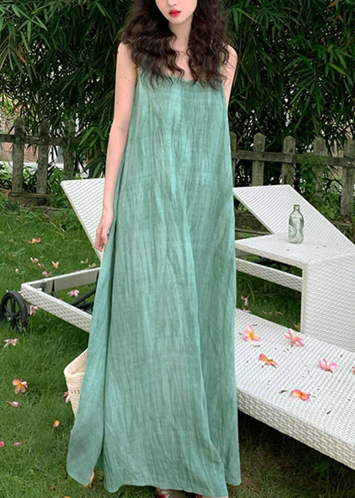 Women Green U Neck Wrinkled Linen Long Dress Sleeveless
