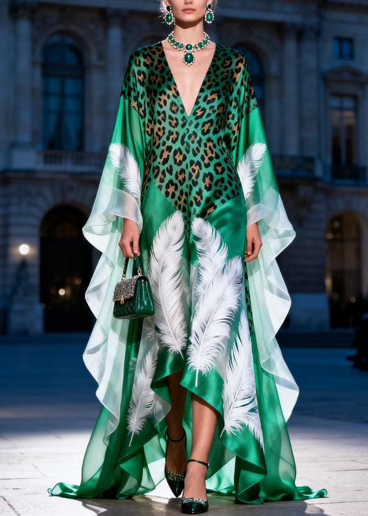 Women Green V Neck Asymmetrical Design Print Silk Dress Summer