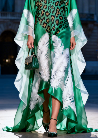 Women Green V Neck Asymmetrical Design Print Silk Dress Summer