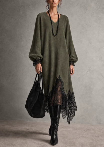 Women Green V Neck Asymmetrical Patchwork Faux Suede Dress Fall