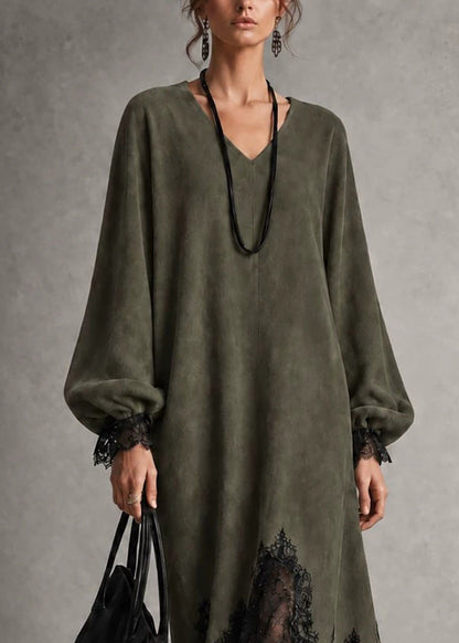Women Green V Neck Asymmetrical Patchwork Faux Suede Dress Fall