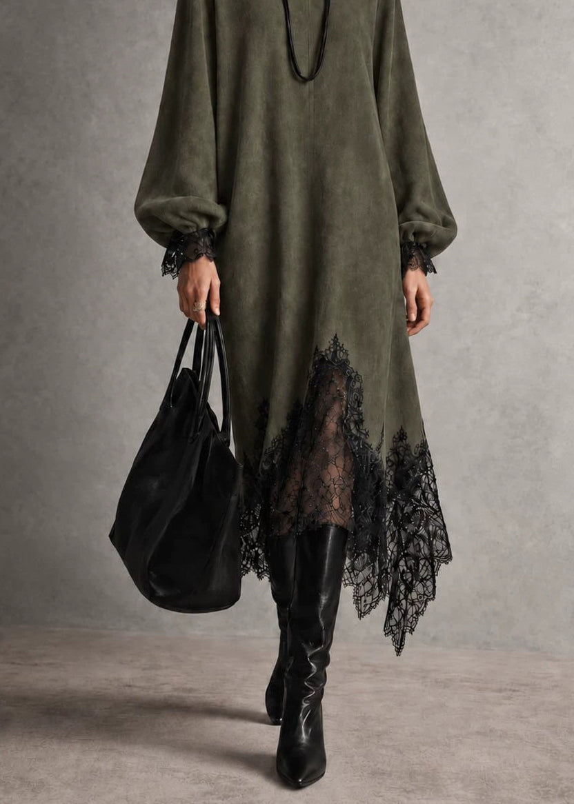 Women Green V Neck Asymmetrical Patchwork Faux Suede Dress Fall