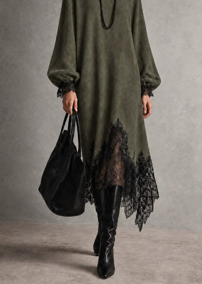 Women Green V Neck Asymmetrical Patchwork Faux Suede Dress Fall