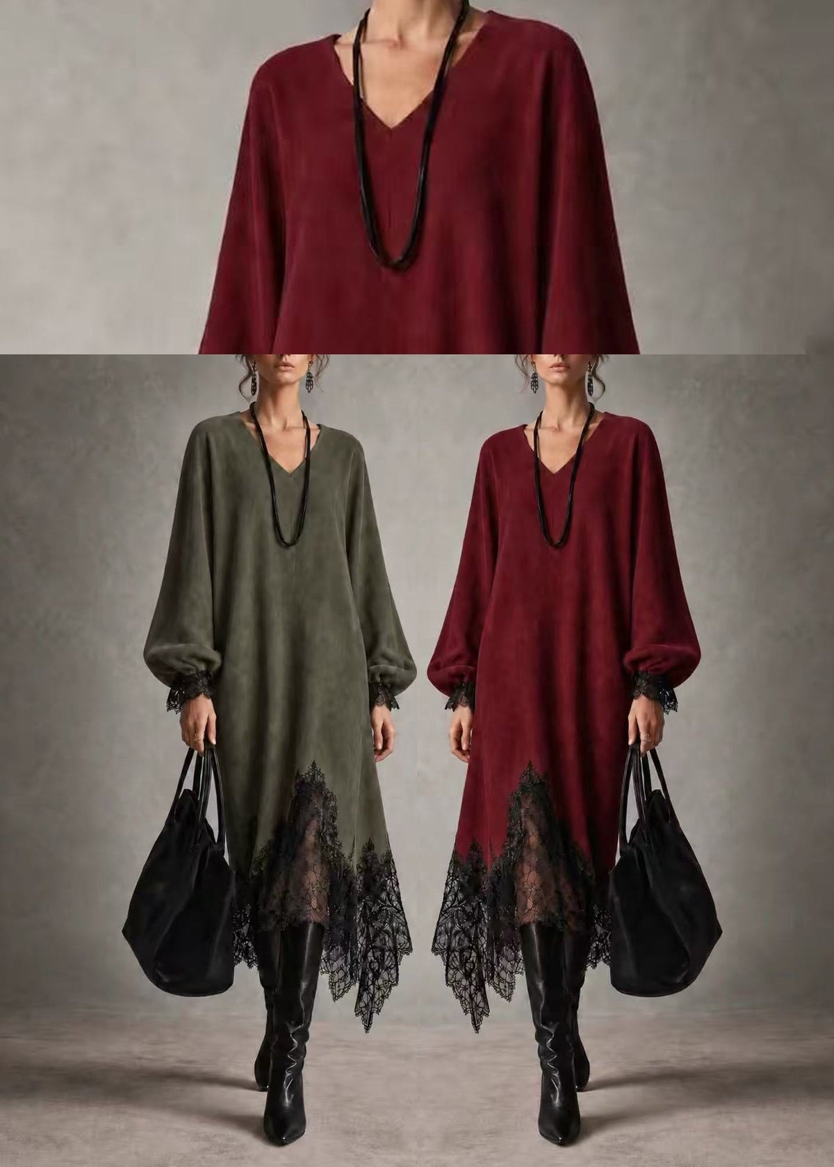 Women Green V Neck Asymmetrical Patchwork Faux Suede Dress Fall