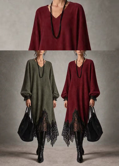 Women Green V Neck Asymmetrical Patchwork Faux Suede Dress Fall
