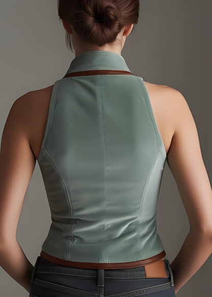 Women Green V Neck Button Patchwork Denim Vest Sleeveless