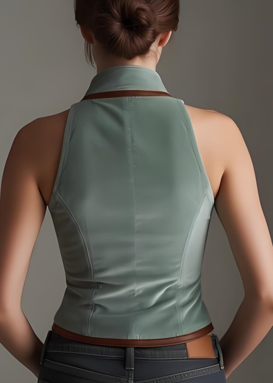Women Green V Neck Button Patchwork Velour Vest Sleeveless