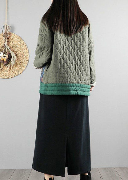 Women Green V Neck Fine Cotton Filled Puffers Jackets Winter